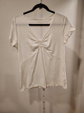 Sonoma Women's White Short Sleeve Top Size Large V--Neck Cinched Gathered Bust